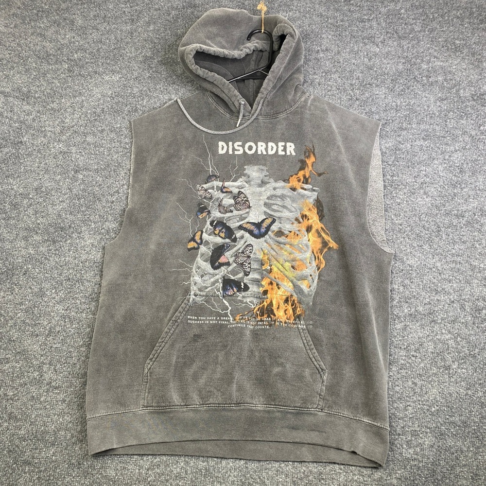 Social Collision Mens Disorder Skeleton Butterfly Sleeveless Hoodie Gray M Y2K